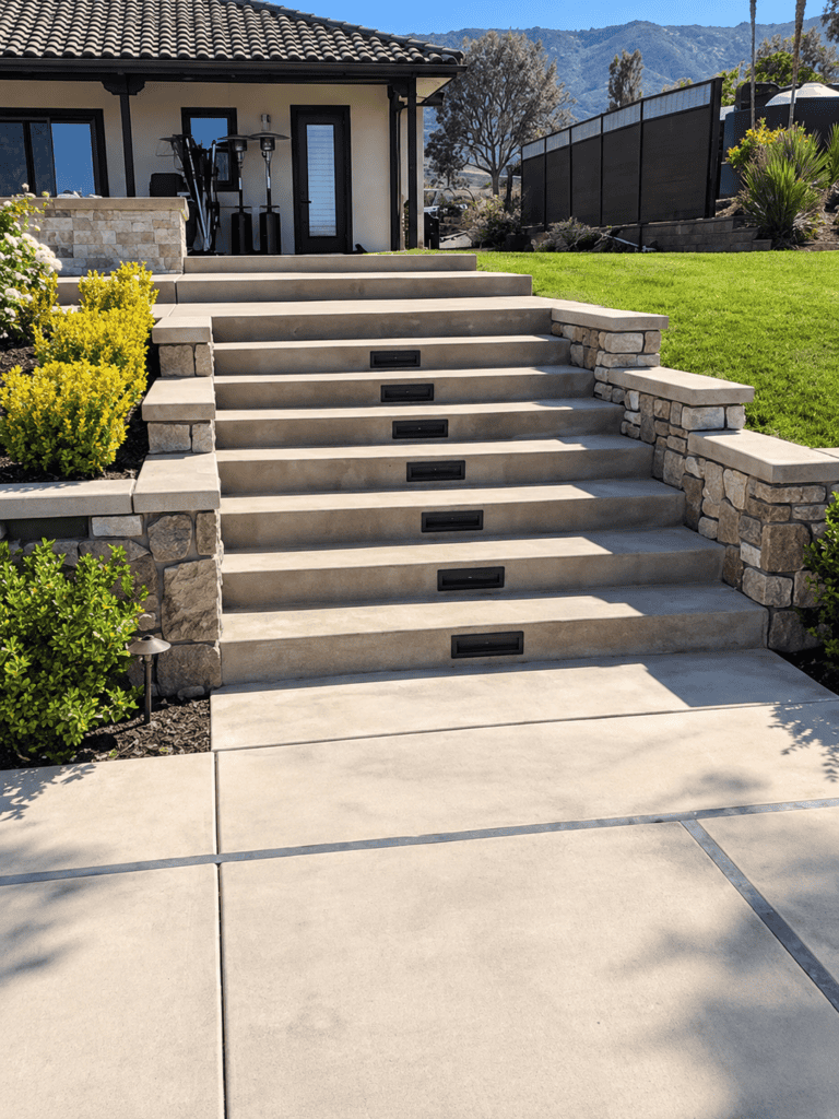 Modern concrete staircase with stone accents and landscaped yard.