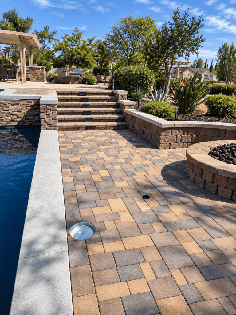 Elegant paver patio with stairs, landscaping, and pool area in backyard.