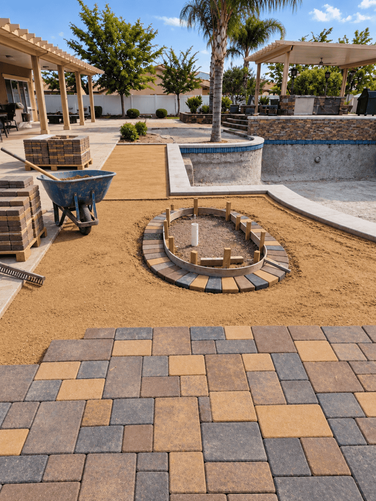 Newly installed paver patio with landscaping and pool area in backyard.