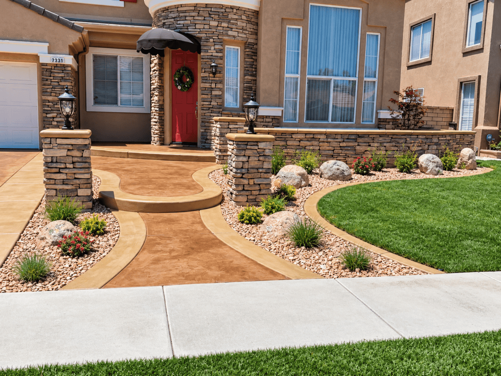 Beautiful concrete pathway with landscaping in front of a house.