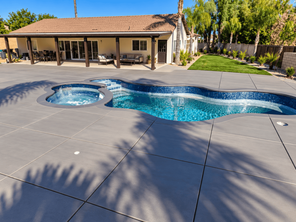 Modern concrete pool with hot tub and spacious patio in backyard.