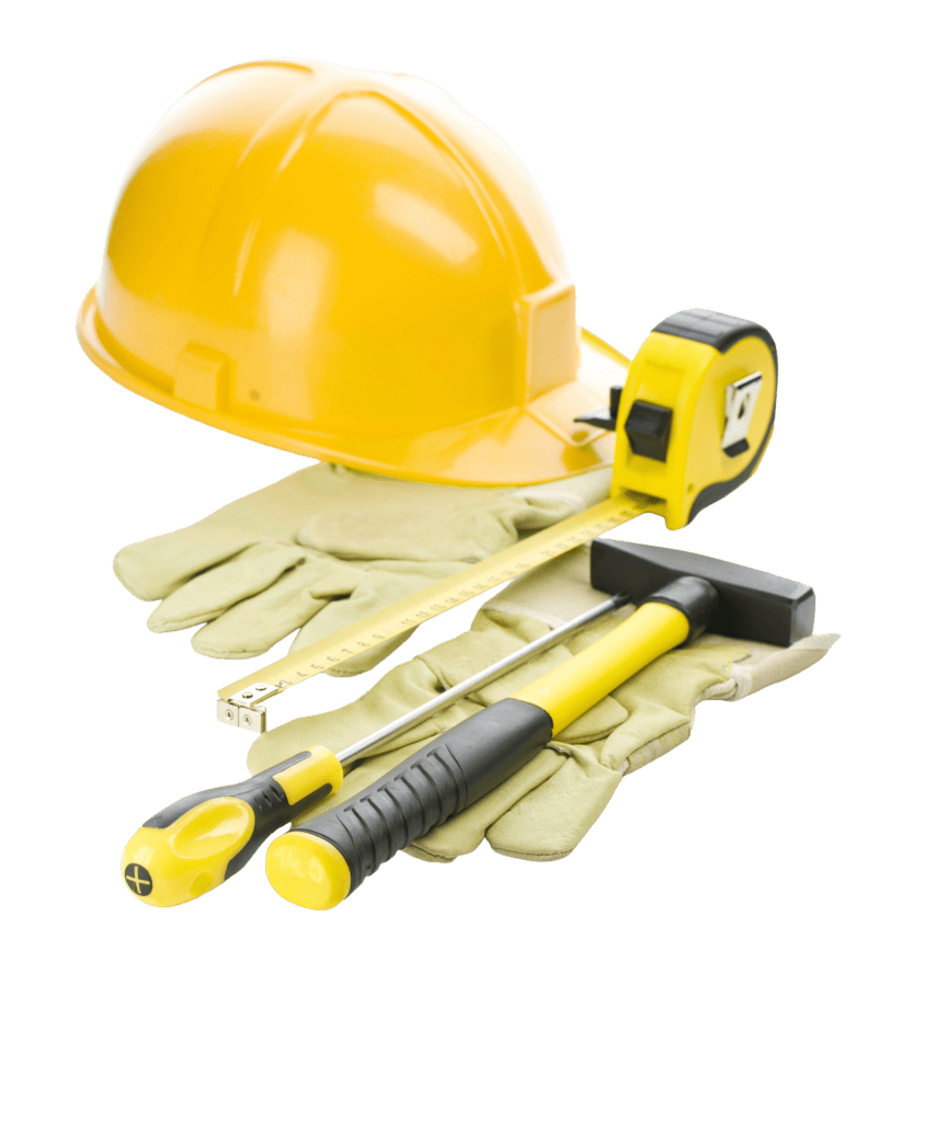 Yellow safety helmet, gloves, measuring tape, hammer, and level for construction work.