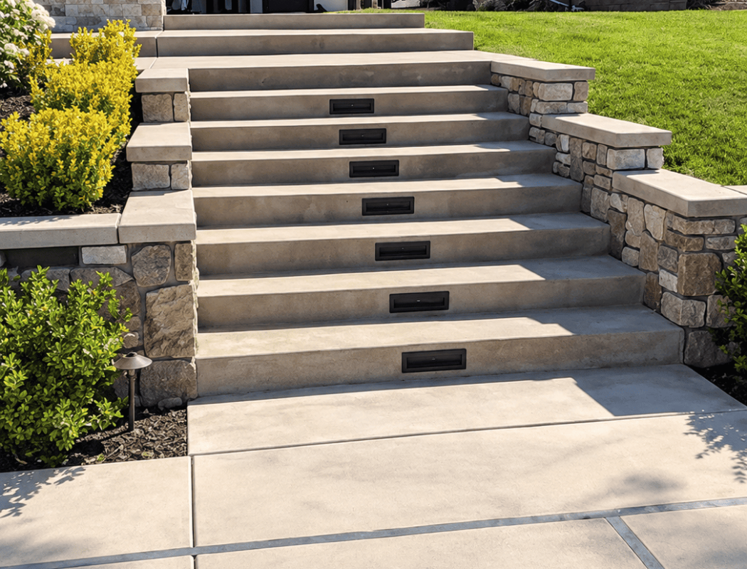 Modern concrete staircase with stone accents and landscaped yard.