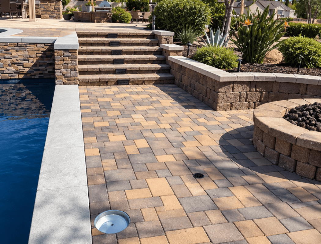 Elegant paver patio with stairs, landscaping, and pool area in backyard.