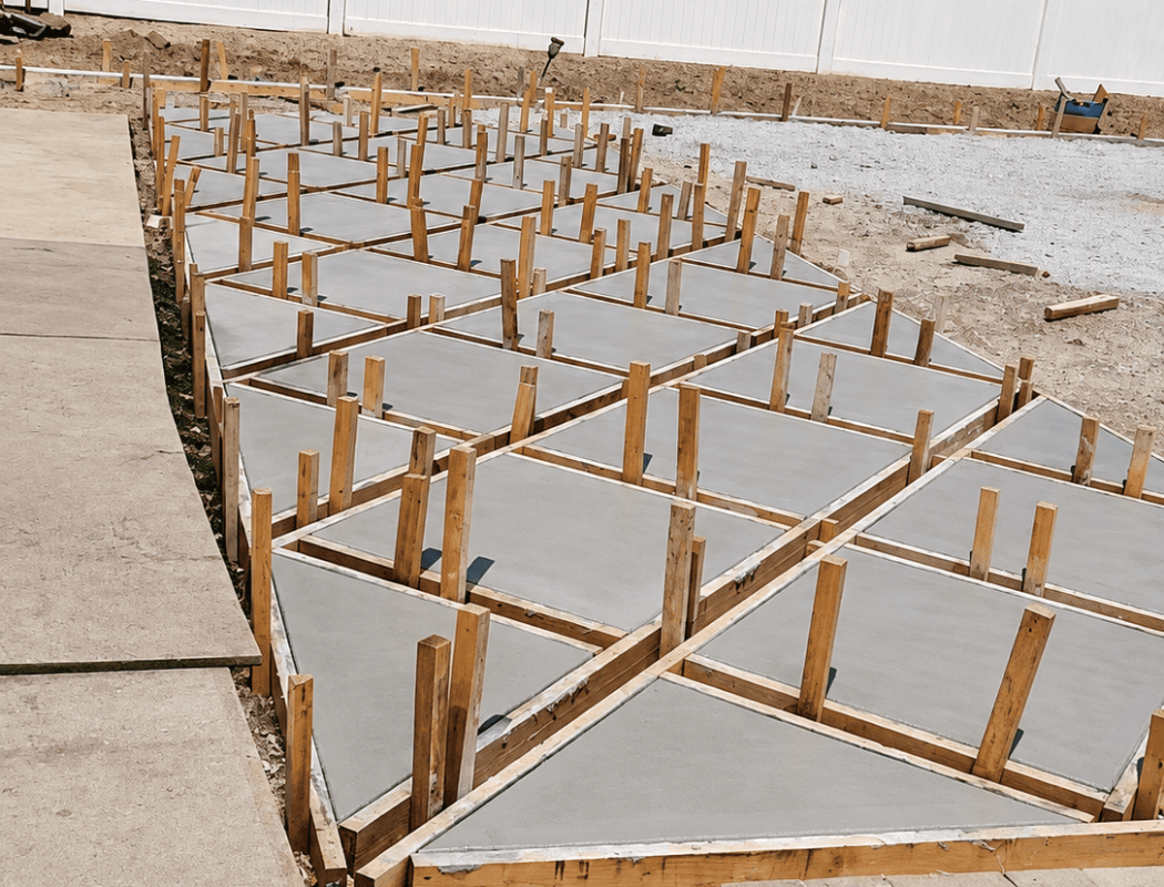 Concrete slabs with wooden forms for foundation pouring in progress.