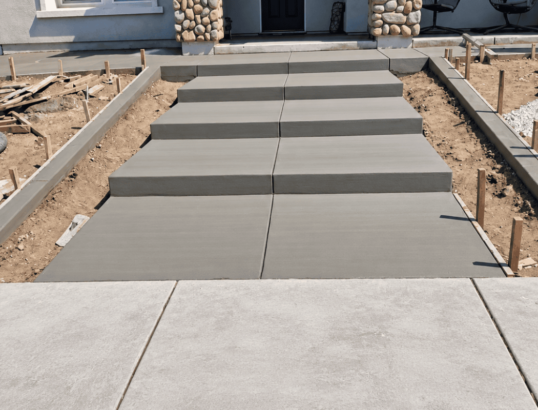 Modern concrete walkway leading to a residential front door with steps and landscaping.