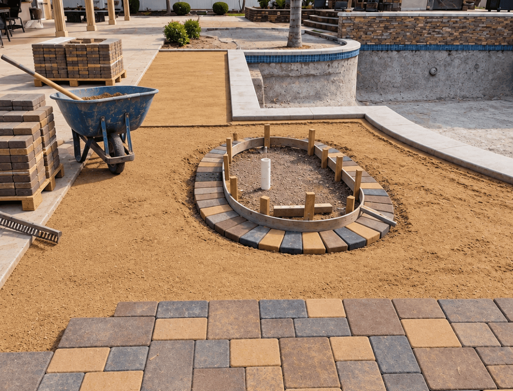 Newly installed paver patio with landscaping and pool area in backyard.