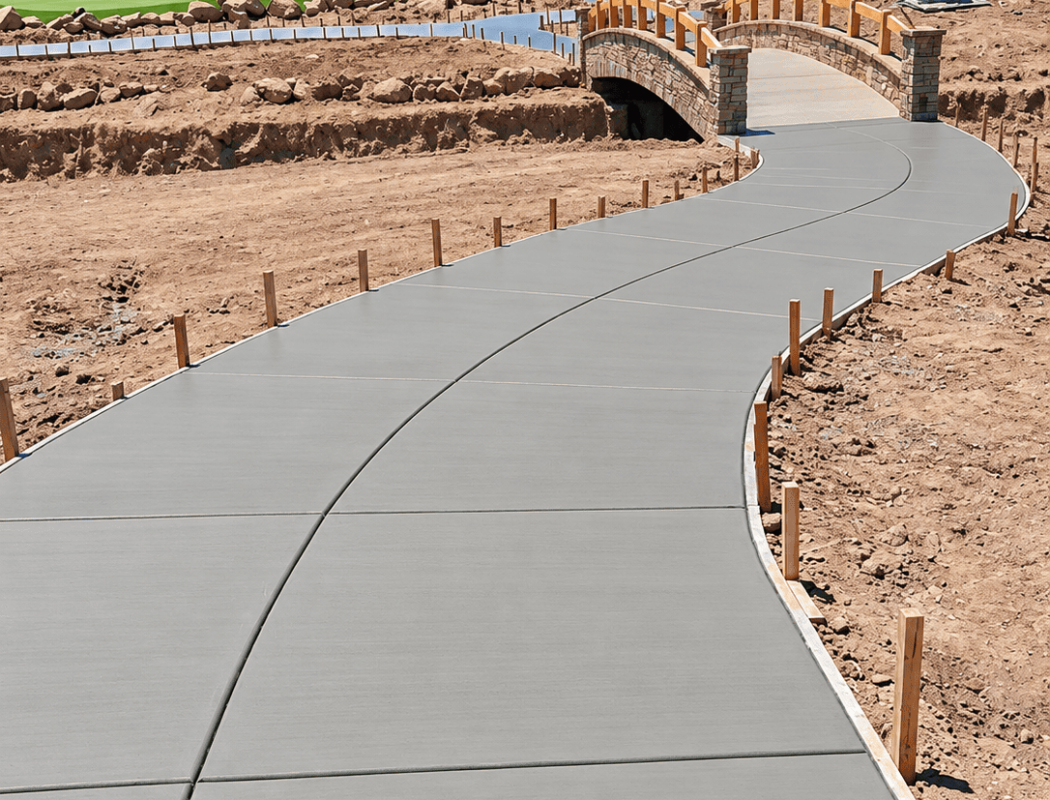 Smooth concrete pathway with brick arch bridge in a landscaped outdoor area.