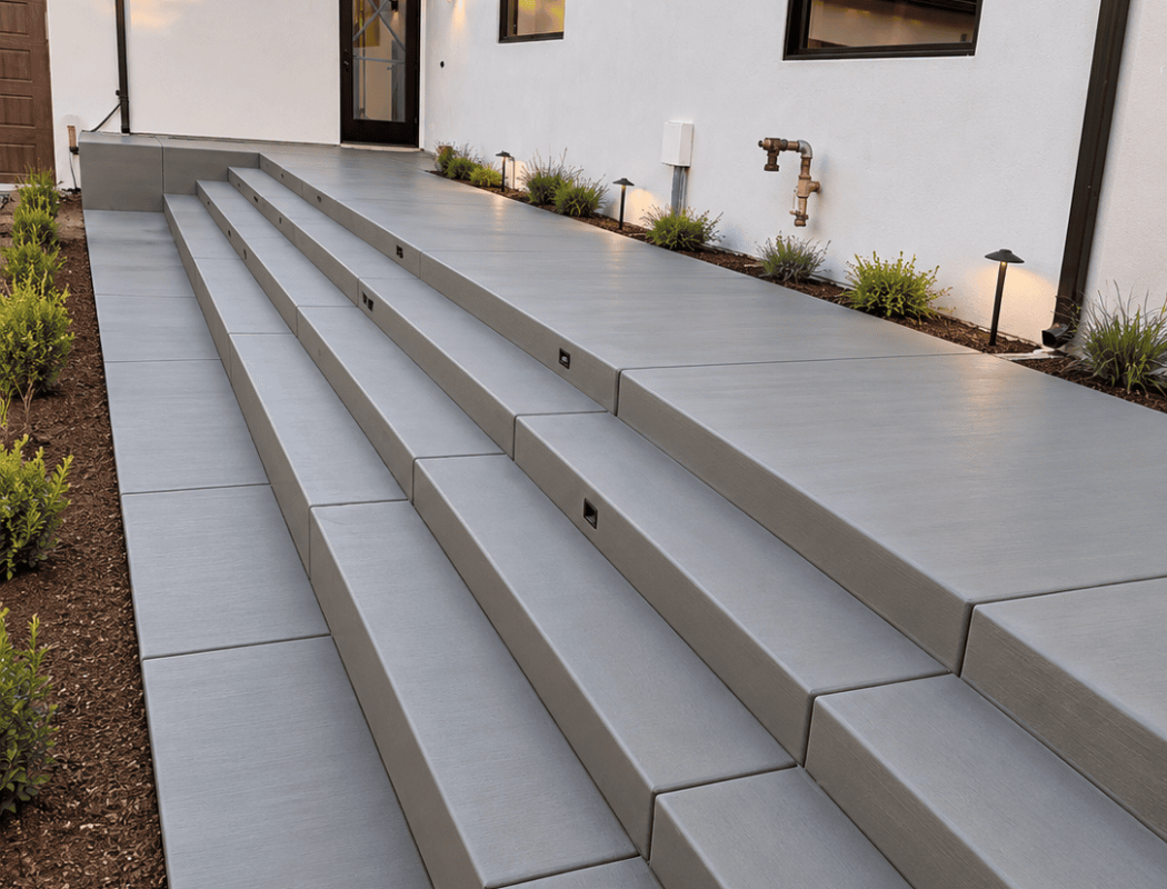 Contemporary concrete stairs leading to a white house entrance.