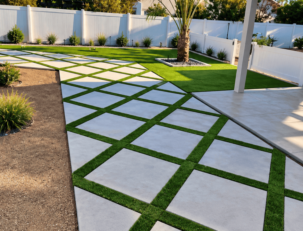 Contemporary concrete patio with geometric pattern and lush landscaping.