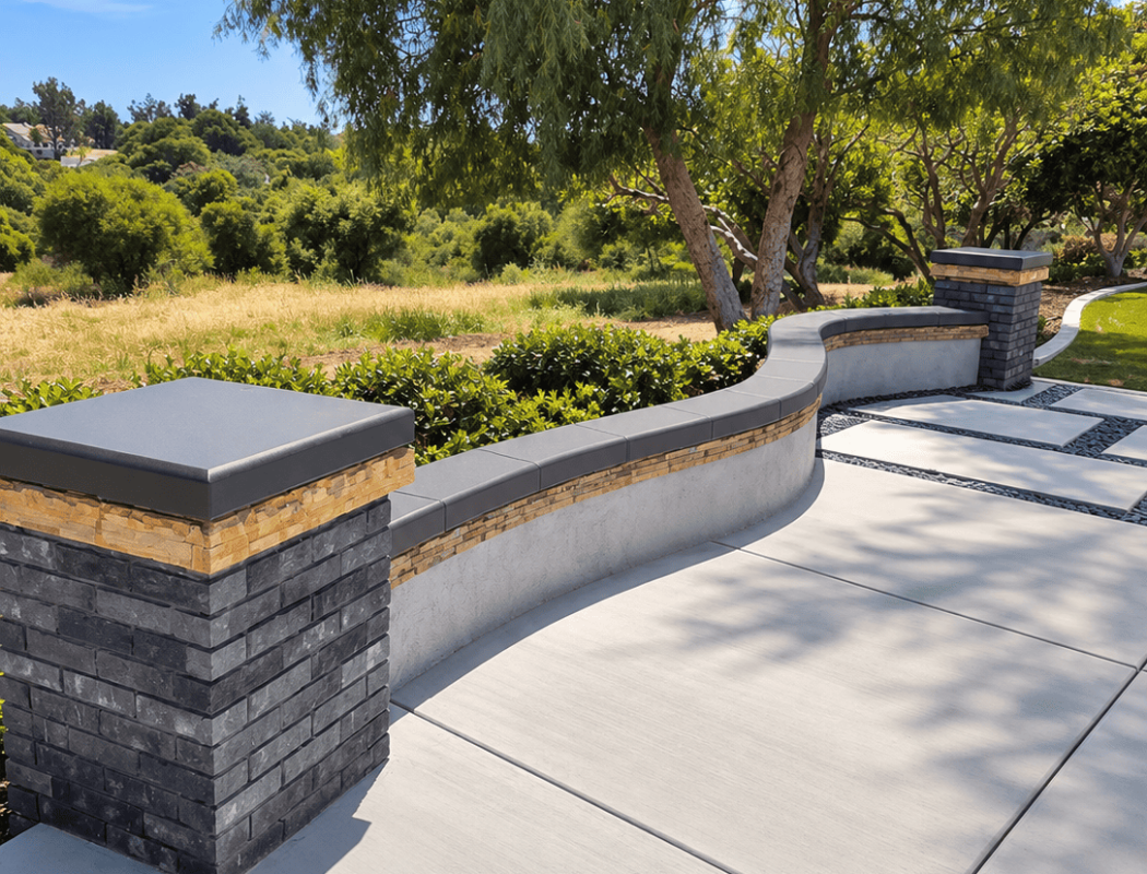 Contemporary concrete patio with decorative wall and lush landscape background.