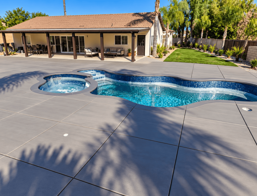 Modern concrete pool with hot tub and spacious patio in backyard.